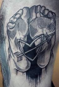 sidoribb skiss stil svart linje fotavtryck med hjärtformade pil tatuering mönster