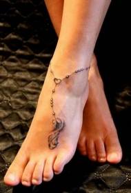 instep bead chain feather and heart tattoo pattern