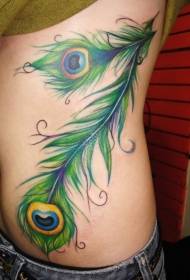 costelas laterais maravilhoso pavão verde pena tatuagem padrão