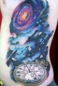 Men's side rib starry sky with broken clock tattoo pattern