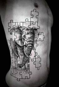 코끼리 문신 패턴으로 측면 갈비 조각 스타일 블랙 퍼즐