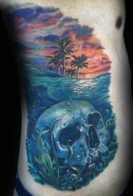 realistische gekleurde oceaan onderwater schedel tattoo patroon