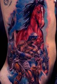 costolette laterali bellissime colorate a cavallo e fantasia del tatuaggio del guerriero