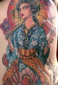 Potret wanita Asia dan berbagai desain bunga indah berwarna sisi rusuk tato
