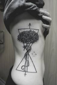 side rib black geometric tree with snake Tattoo pattern