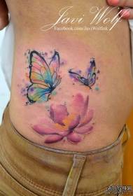 측면 허리 연꽃 나비 컬러 스플래시 잉크 문신 패턴
