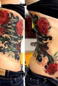 бічна талія 3D скелет троянди колір європейський та американський візерунок татуювання 113463 - пара бічні талії портрет сплеск фарби татуювання візерунок