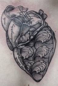 black pricked line heart spray hand tattoo pattern