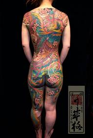Tattooorka Huangyan ee Japan wuxuu ka shaqeeyaa mahadnaqida: jirka buuxa ee Phoenix cherry tattoo sawir