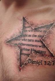 ant krūtinės pažymėtas penkiakampės žvaigždės abėcėlės tatuiruotės paveikslėlis