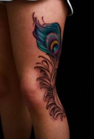Legs huge colorful peacock feather tattoo pattern