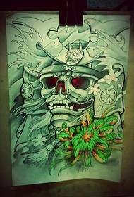 kleur schedel Samurai Chrysanthemum tattoo manuskript wurket