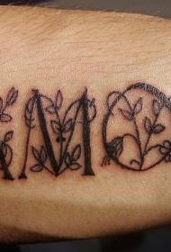 rokas melns angļu valodas alfabēta ziedu tetovējuma raksts