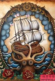 Color European and American school sailing tattoo pattern