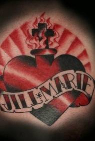 back colored sacred heart with letter tattoo picture