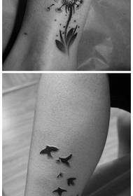 koja gražiai populiari pora kiaulpienė su paukščių tatuiruotės modeliu