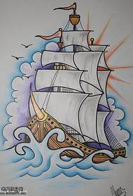 文身秀图吧推荐一幅彩色帆船文身手稿作品