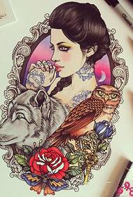 kecantikan dan serigala naik gambar naskah tato kreatif