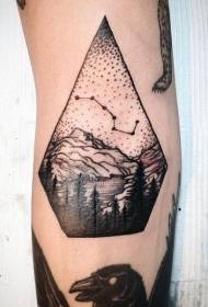 Symbole de constellation géométrique en pointillé avec motif tatouage bras de paysage