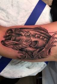 Patron impressionnant de tatouage de bras de poisson crochet noir et blanc