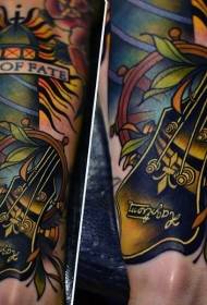 Arm old school color guitar with lighthouse tattoo pattern