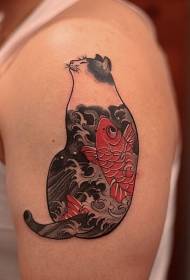 Dikke kat en inktvis tatoeage op de grote arm