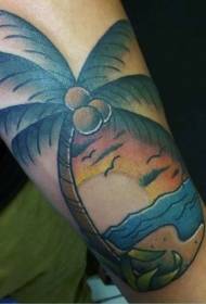 Braccio di palma vecchia scuola colorata con motivo a tatuaggio al tramonto