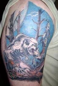 Gambar tato manusia serigala berwarna lengan