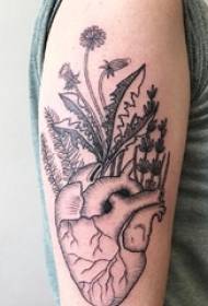Rankos tatuiruotė ant juodos ir baltos pilkos spalvos augalų tatuiruotės medžiagos mechaninės širdies tatuiruotės paveikslėlio