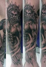 Lengan indah pola tato dewa laut Poseidon hitam dan putih