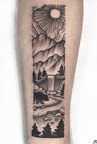 Modello di tatuaggio paesaggistico con punto a punta europeo e americano a braccio piccolo