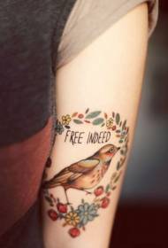 Arm color rich bird plant tattoo pattern