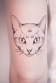大臂点刺猫头像线条纹身图案