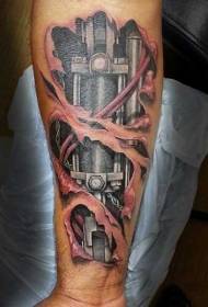 Very realistic color mechanical and torn leather arm tattoo pattern
