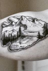 Rankos juodos ir baltos senovės rodyklės kalnų miško tatuiruotės modelis