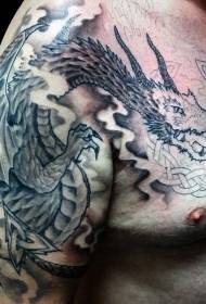 Чорний і білий дракон на пів каблука татуювання візерунком в азіатському стилі