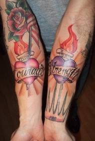 Modello di tatuaggio del braccio sacro cuore di coraggio e potere