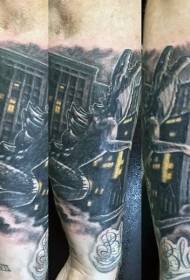 Рука мультфільму стиль Godzilla і місто татуювання візерунок