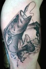 Modello di tatuaggio di pesce grosso con ganci bianchi e neri sul braccio