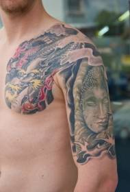 Drago mezzo corazzato e disegno del tatuaggio del Buddha