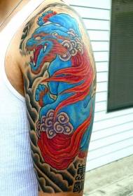 Grutte earm Aziatyske blauwe liuw liuw persoanlikheid tattoo patroan