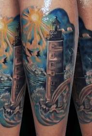 Napakaraming multicolored lighthouse na may mga pattern ng tattoo ng tattoo arm