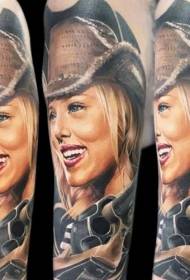 Rankos spalvos kaubojiškos mergaitės portreto tatuiruotės modelis