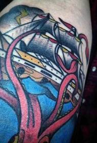 Red squid attack ship arm tattoo pattern