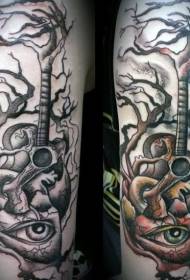 Diseño misterioso de guitarra de árbol de colores con patrón de tatuaje de brazo de corazón