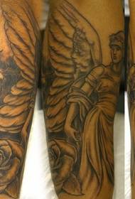 Angel and rose black gray arm tattoo pattern