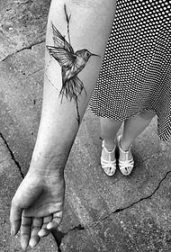 Patró de tatuatge de colibrí estil bolígraf i ploma femenina