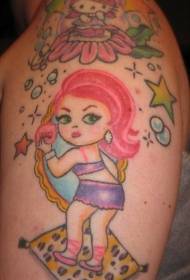 Sarjakuva tyttö ja Hello Kitty maalasi käsivarren tatuointikuvion