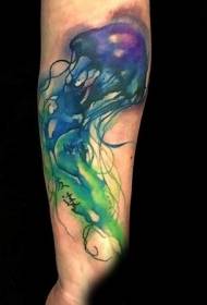 Brazo estilo acuarela colorido patrón de tatuaje de medusas