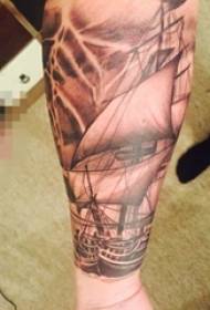 Arm black and white gray style pricking technique geometric element sailing tattoo picture